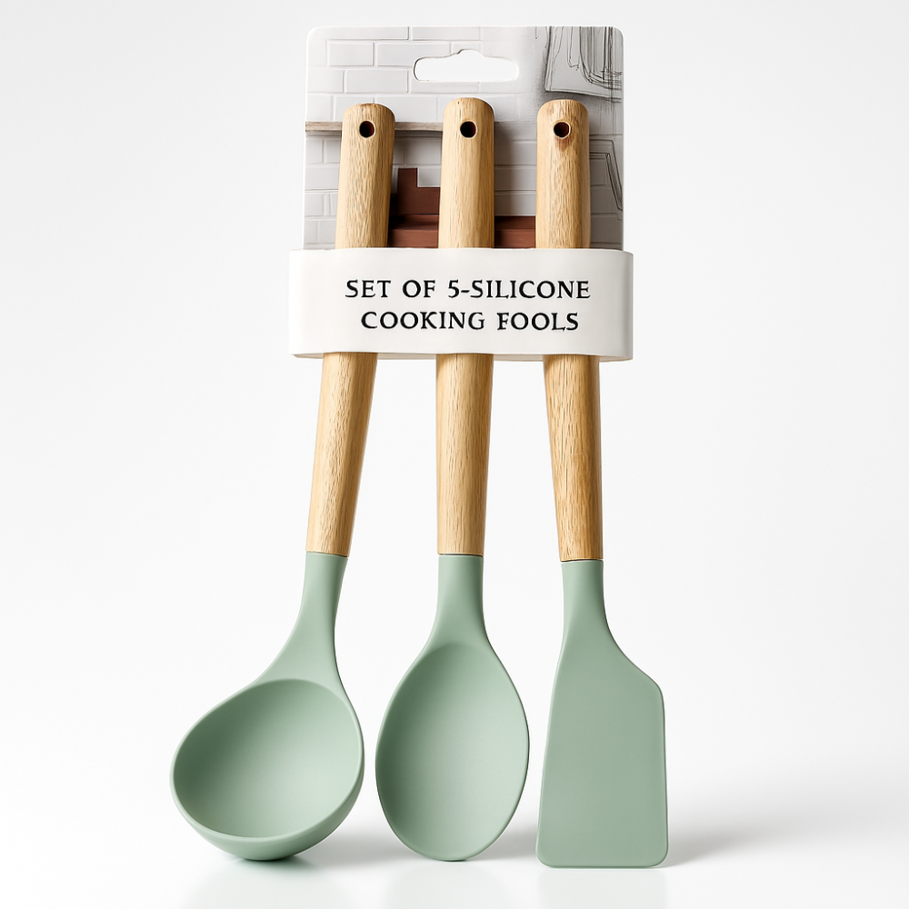 SET X3 UTENSILLOS DE SILICONA MANGO MADERA ART AB-20683 IAÑ