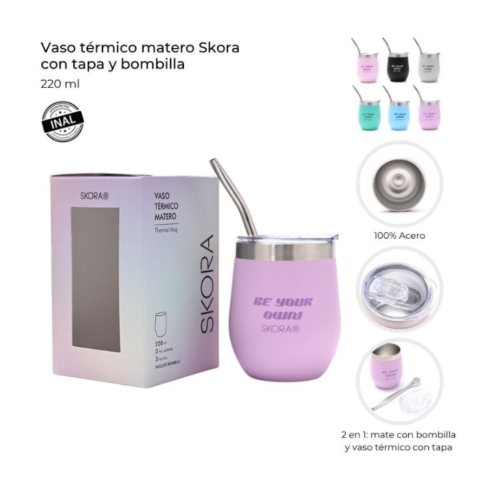 VASO TERMICO MATERO SKORA C/TAPA Y BOMBILLA 220ML 41895 AAO