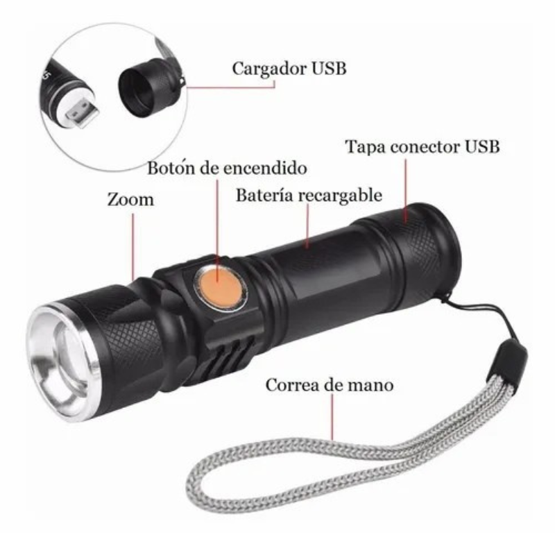 LINTERNA LED CON USB Y BATERIA RECARGABLE ART 6898-2 BAO