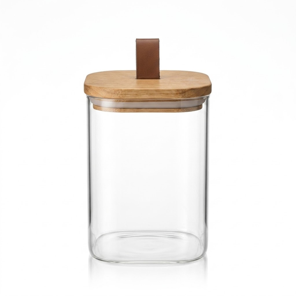 FRASCO DE VIDRIO CUAD C/TAPA MADERA 15x 10CM CA5537Z3 DAO