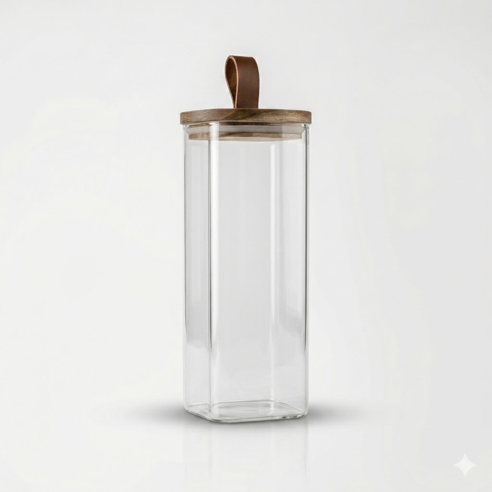 FRASCO DE VIDRIO CUADRAD C/TAPA MADERA 25x 10CM CA5539Z2 DAO