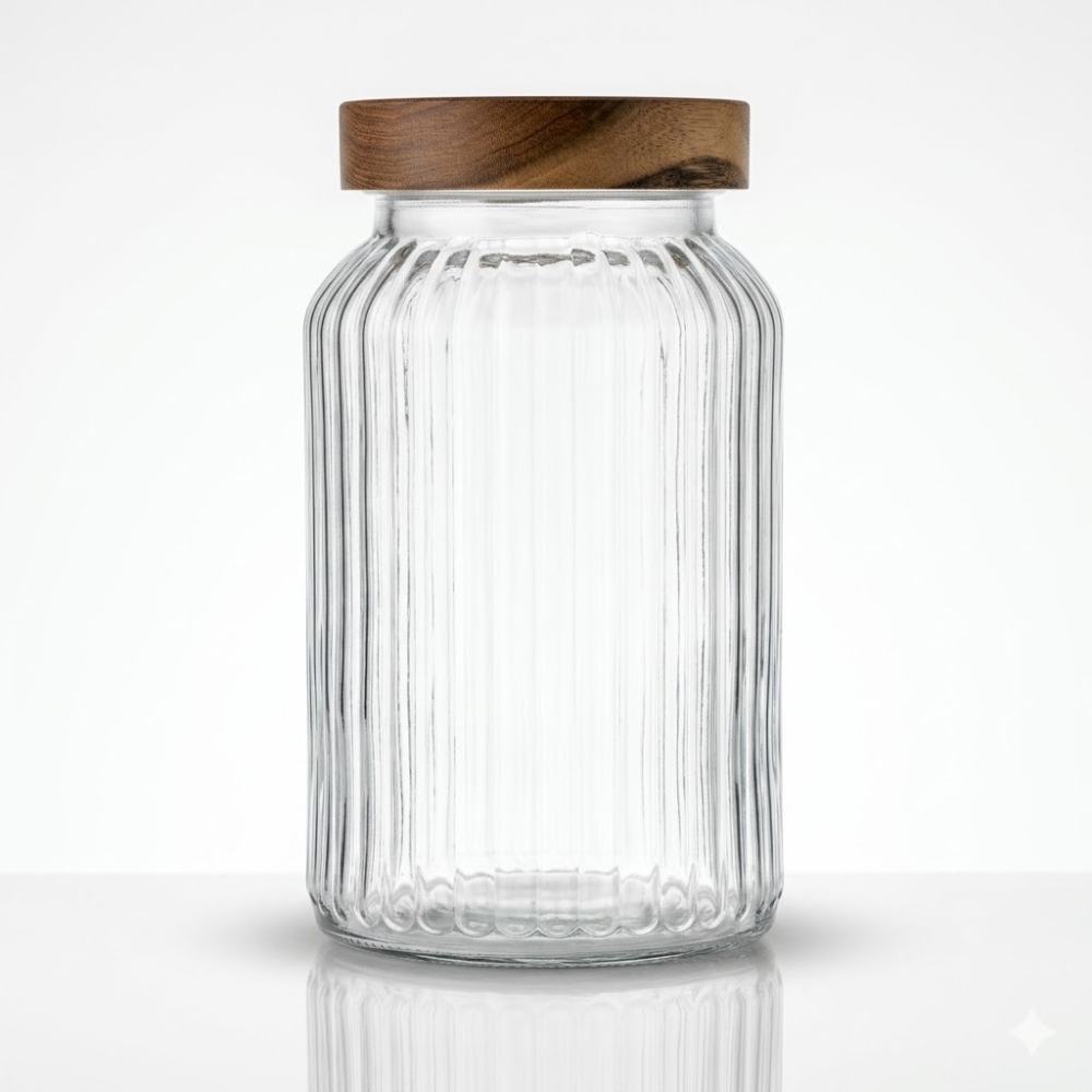 FRASCO DE VIDRIO RAYAS C/TAPA MADERA 22x Ø10CM CA5541Z2 DAO