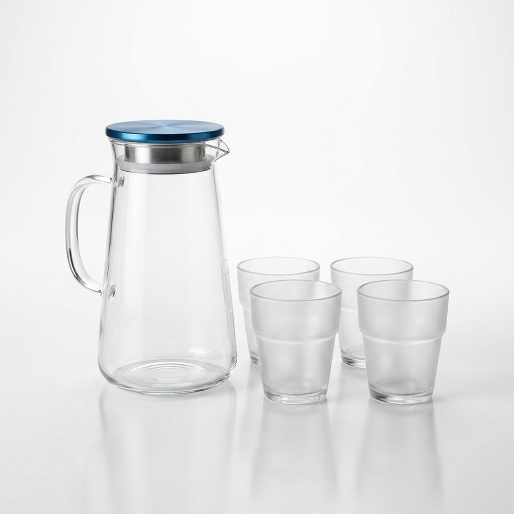 JARRA DE VIDRIO 1400mL C/TAPA ACERO Y 4 VASOS 190ML HYH GAO
