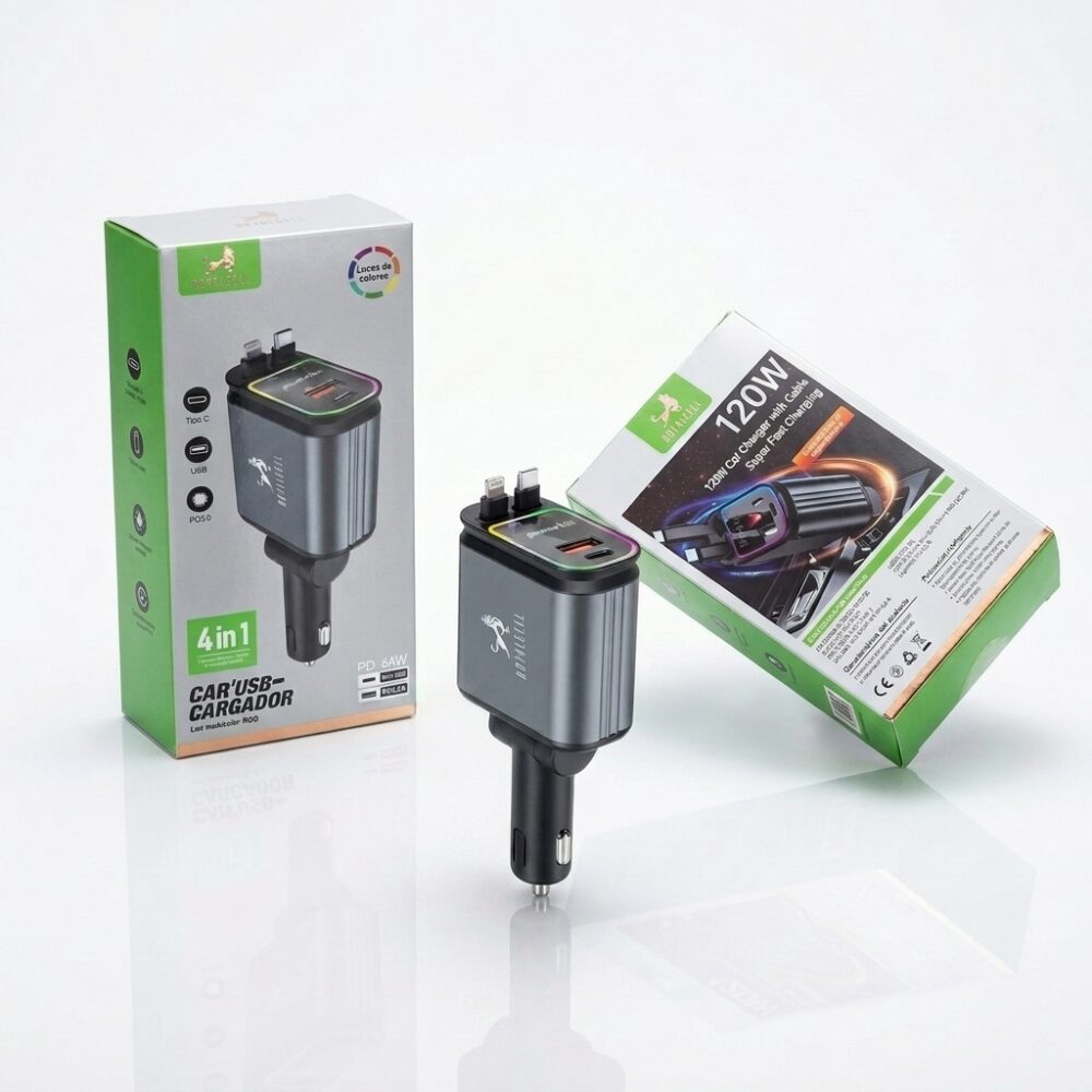 CARGADOR AUTO 4EN1 C/2 CABLES TIPO C Y IP  ART RC4807 GAO
