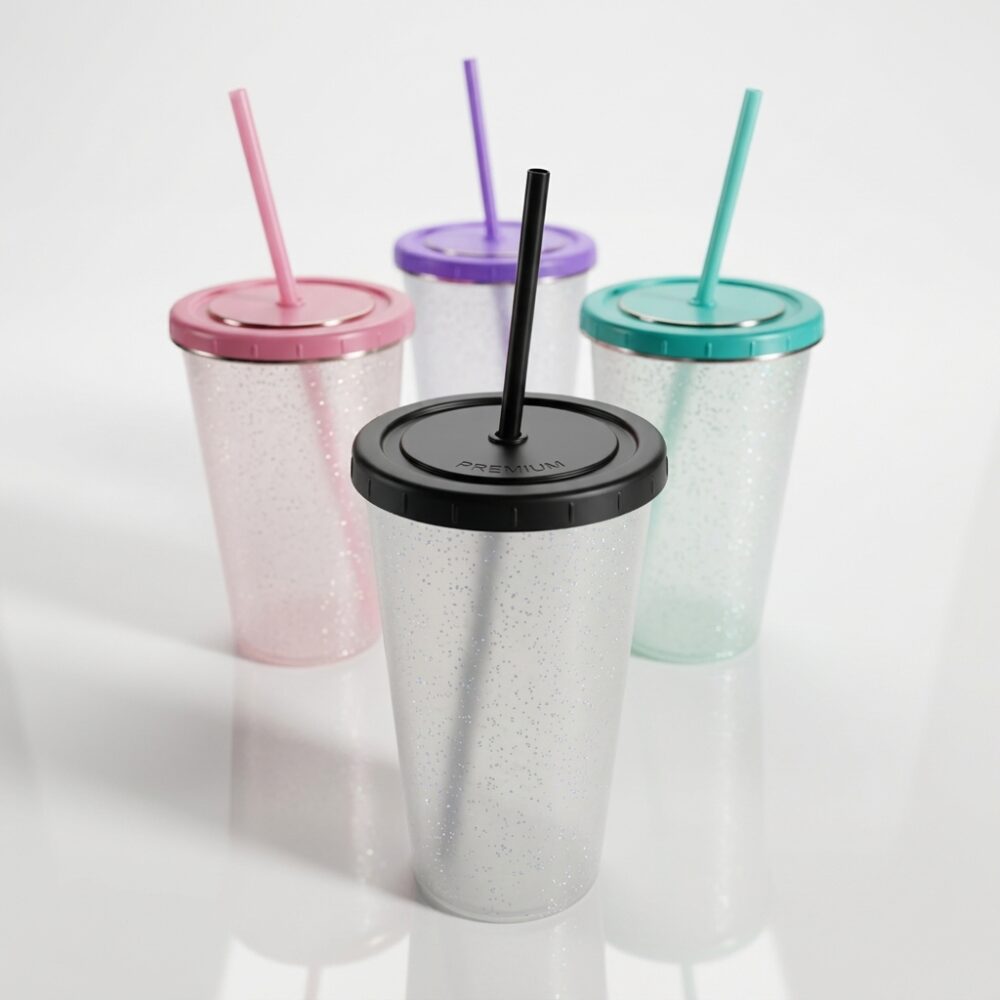 VASO GLITTER C/TAPA Y SORBETE JAO