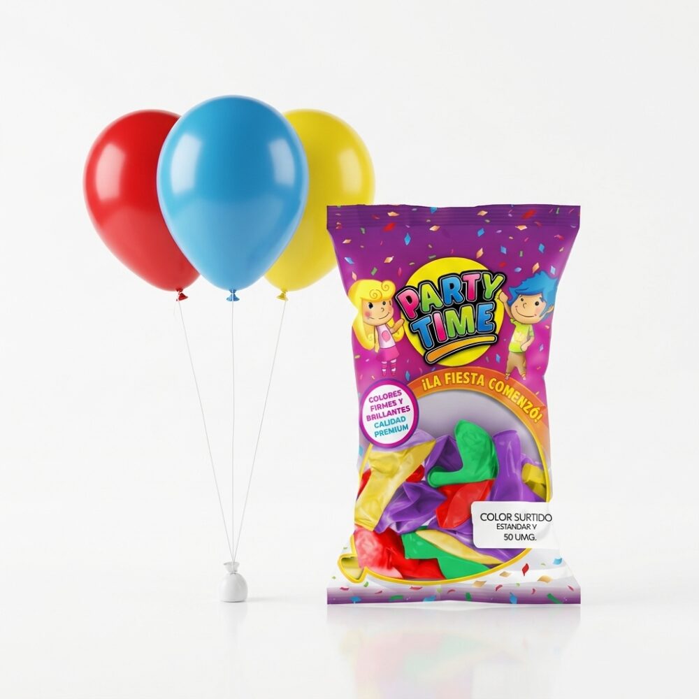 GLOBOS ESTANDAR SURTIDOS 9" X 50UN PARTY TIME ART 55202 JAO